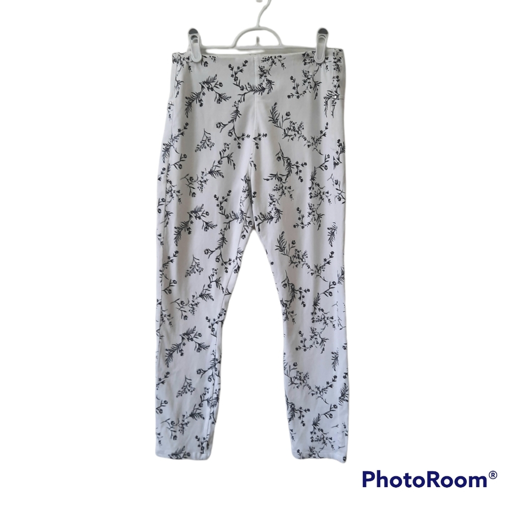 Lysse White Pull On Legging Pants Black Floral Design High Waisted Womens Size M